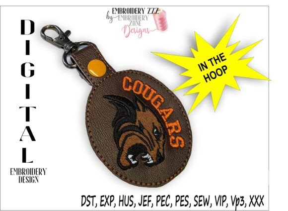 Cougars Mascot Key Fob Embroidery Design