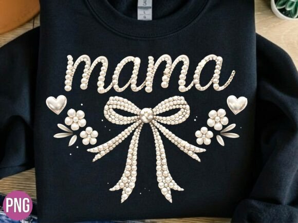 Mama White Coquette Bow Embroidery PNG